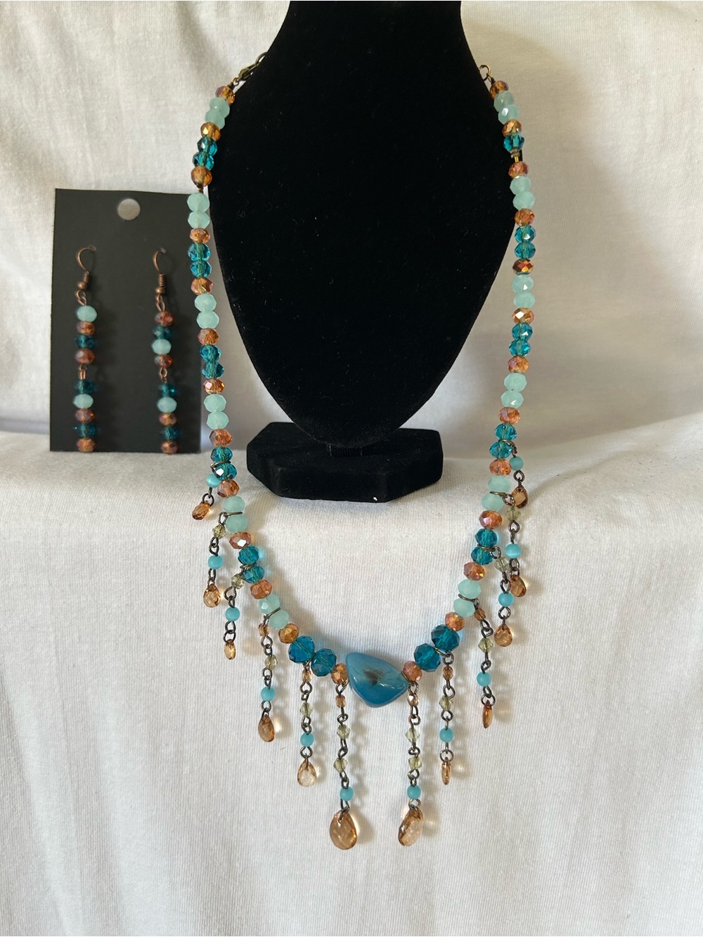 Turquoise & Amber Beaded Fringe Necklace with Matching Earrings